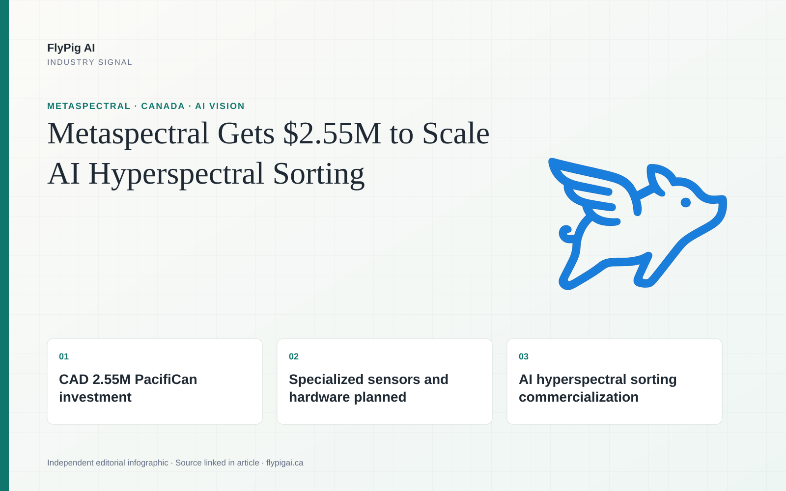FlyPig AI editorial infographic showing Metaspectral hyperspectral industrial sorting commercialization, specialized sensor acquisition and edge AI processing.